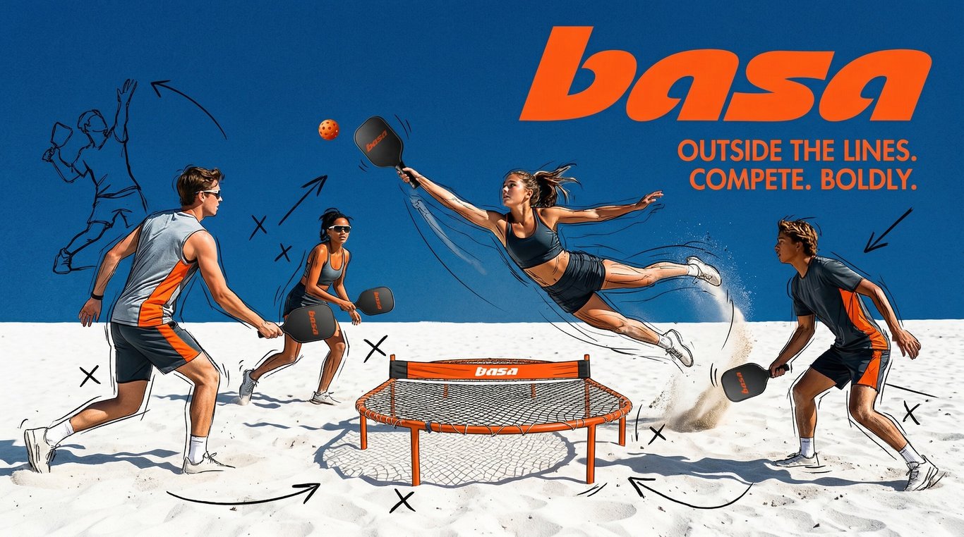 Basa beach pickleball ad with four athletes competing on sand and illustrated play diagrams