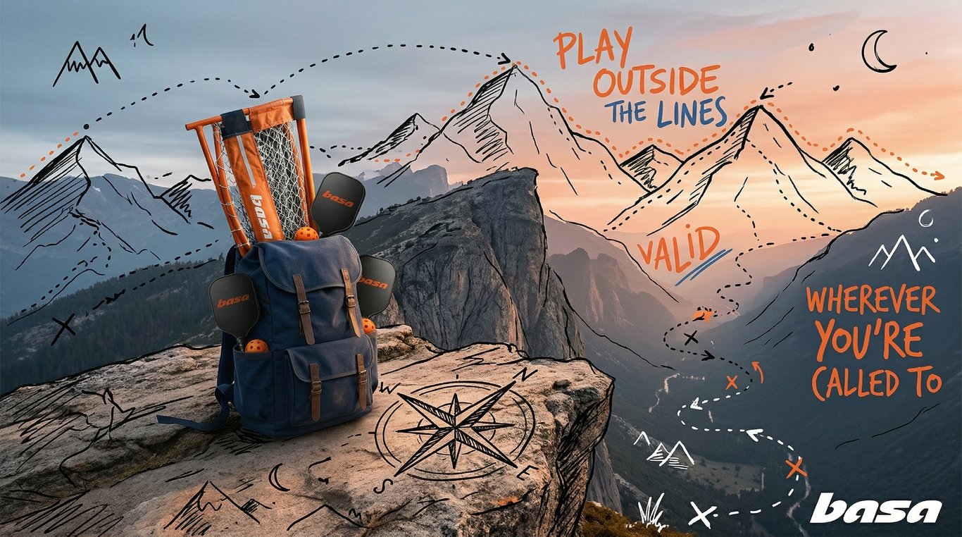 Basa adventure campaign — backpack with paddles and net on a mountain cliff at sunset with hand-drawn illustrations