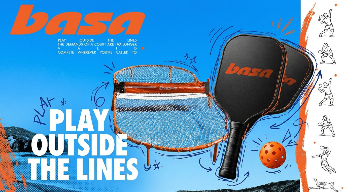 Basa product showcase featuring paddle, net, and ball on blue background with sketch-style player figures