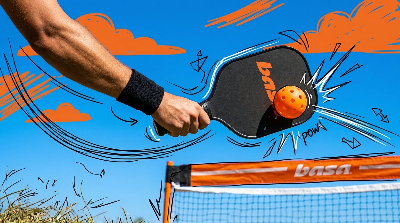 Basa ad close-up of arm swinging paddle at ball with comic-style impact graphics over illustrated sky
