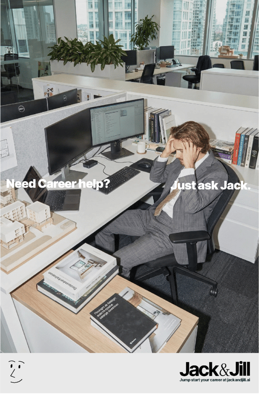 JackAndJill.ai campaign — phone and envelopes with Stop Applying headline on cream background