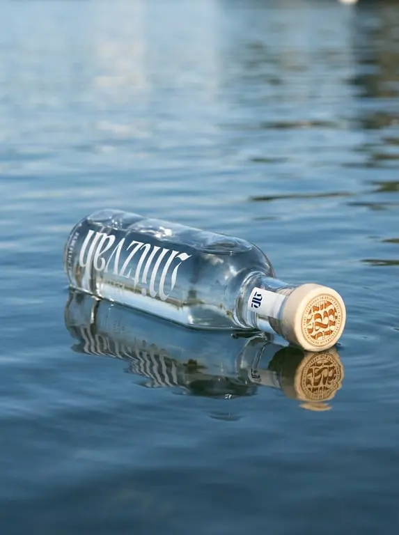 Mitzvah artesian water bottle floating on calm water with soft natural reflections — AI-generated product photography by Act Five