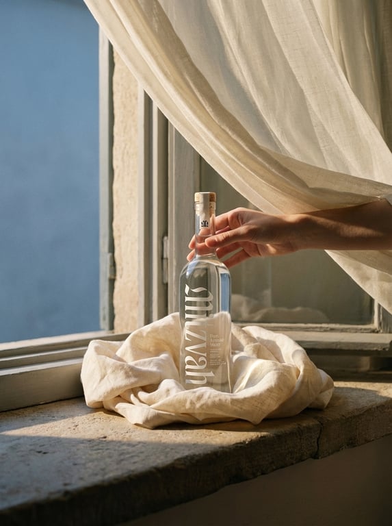 Hand reaching for a Mitzvah bottle on a sunlit windowsill draped in linen